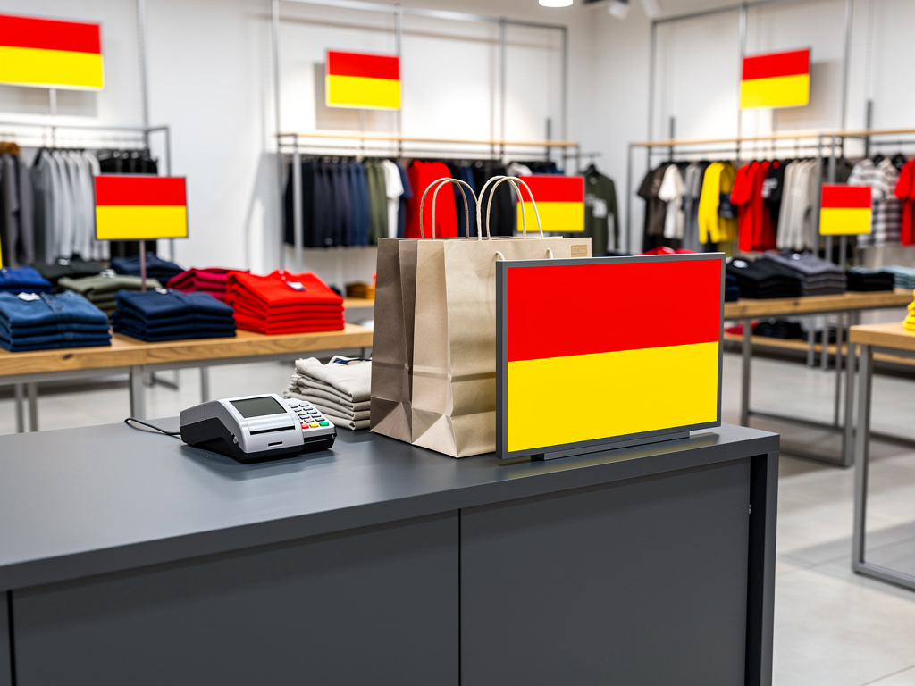 The store checkout counter in charcoal gray with a card machine, a stack of shopping bags and a red and yellow blank sig