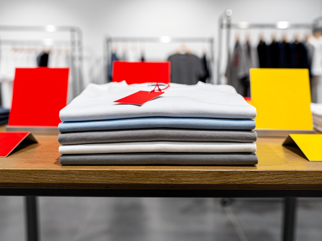 A close-up of folded cotton t-shirts in a neat stack with a blank red tag tied to the top one.