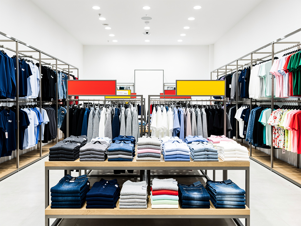 A family-friendly aisle showing men's, women's and kids' racks side by side under bright light.