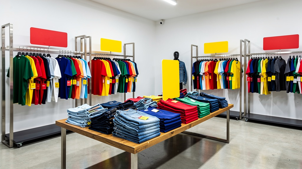 A wide view of the store floor with full metal racks of colorful clothing and wooden tables piled with neatly folded t-s