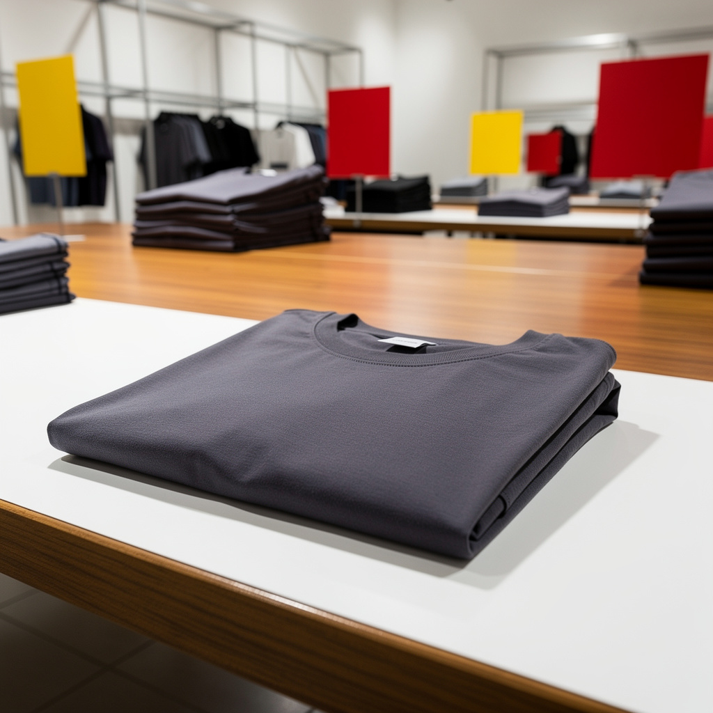 A single folded plain cotton crew-neck t-shirt in charcoal gray on a clean white surface, unbranded.