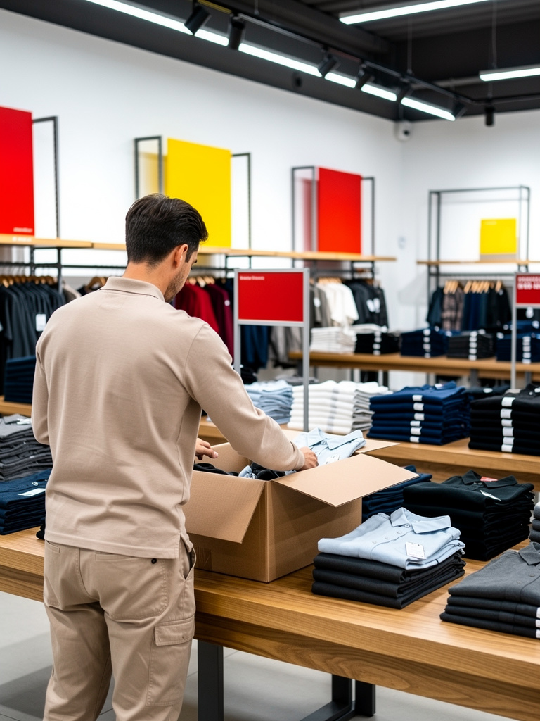 A store team member seen from behind, unpacking a cardboard box of folded garments onto a wooden table in the stockroom,